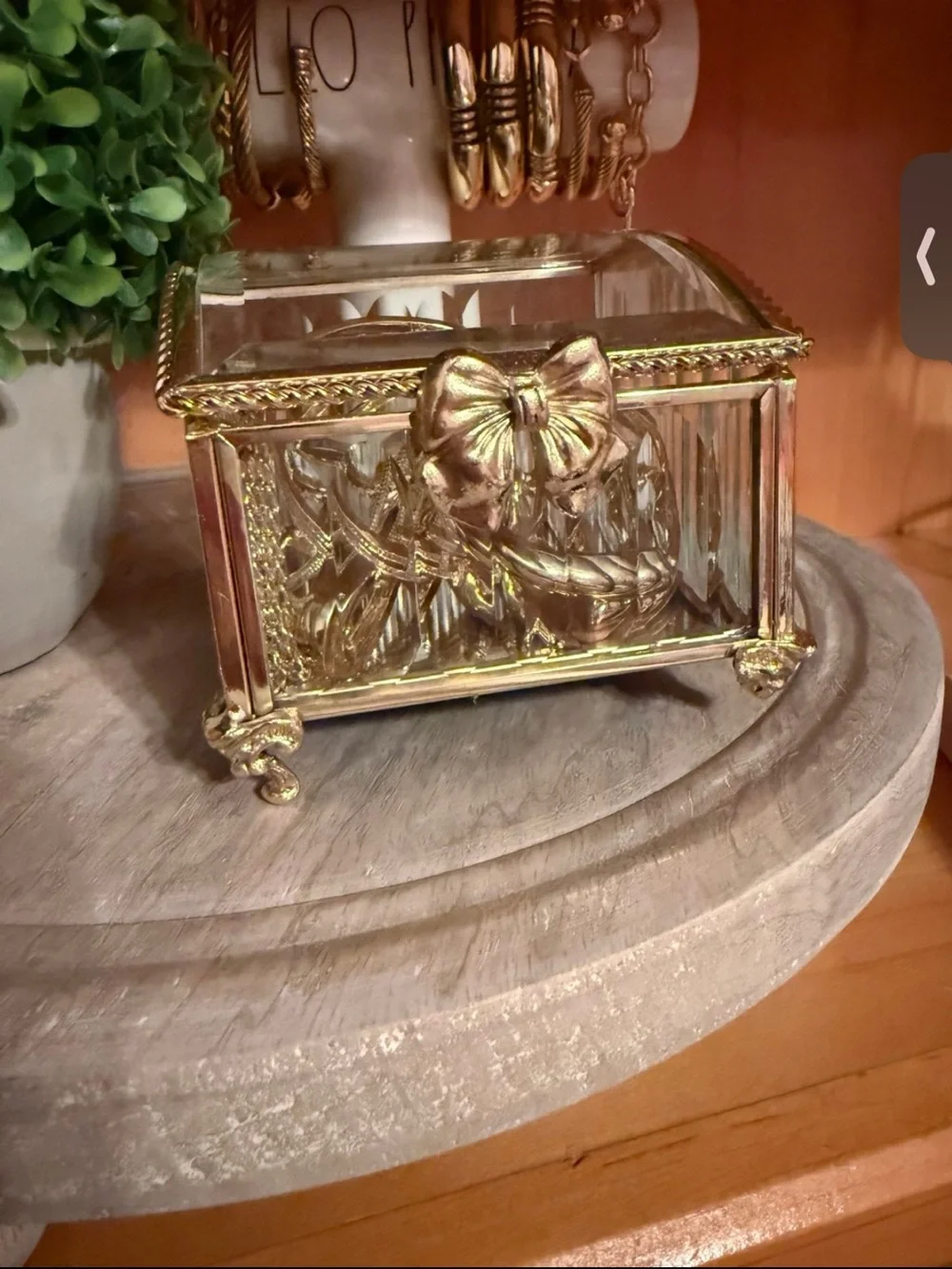 Glass Jewelry Trinket Box with Gold Bow Accent